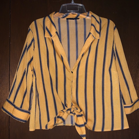 Mustard Stripped Tie Front Blouse - Picture 1 of 7